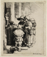 KG 03745
<br/>
Bedelende familie ontvangt aalmoes aan een deur ( B 176 )
<br/>
<em>Rembrandt (1606-1669)</em>